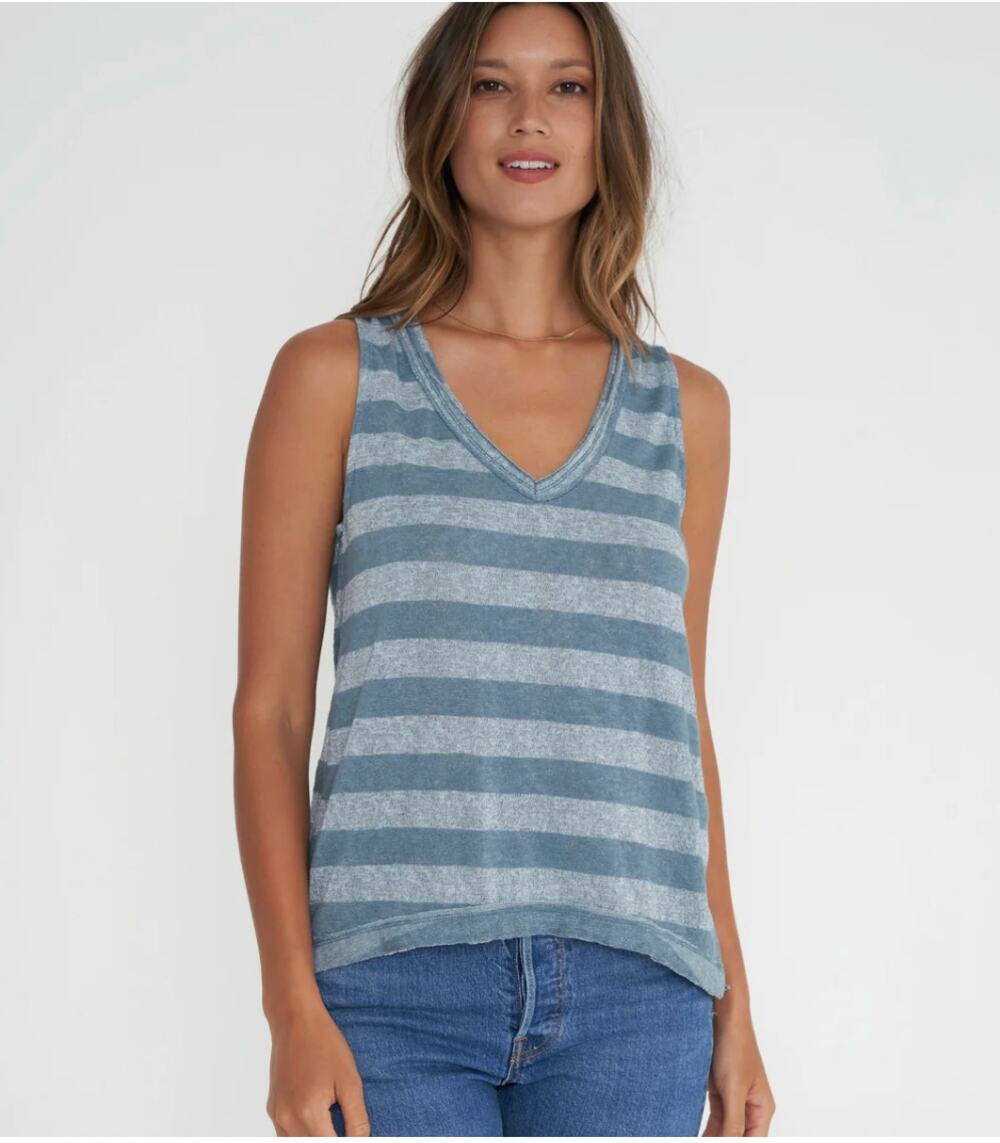 Project Social T Anais Striped V-Neck Tank Blue Gray
